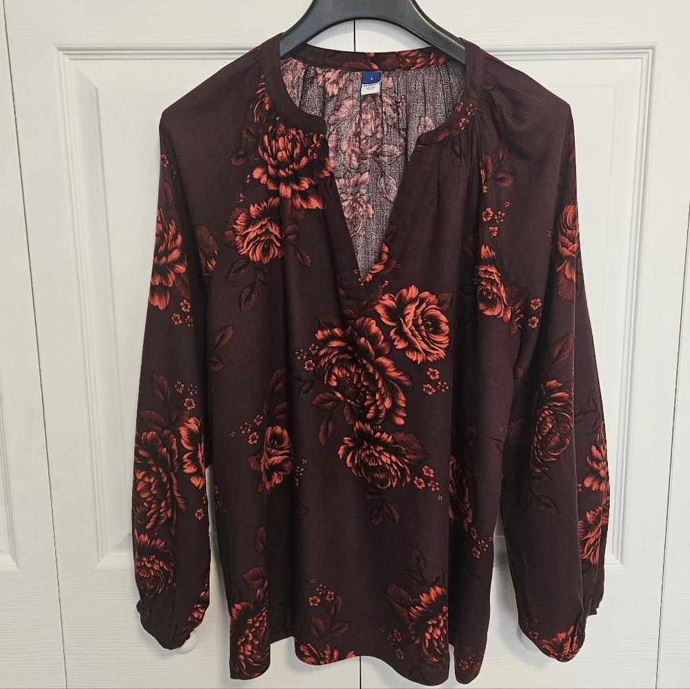 Old Navy Womenโs Floral Blouse in Burgundy Balloon Sleeves Cottagecore Size L